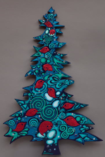 Sparkling Blue Tree with Red Birds